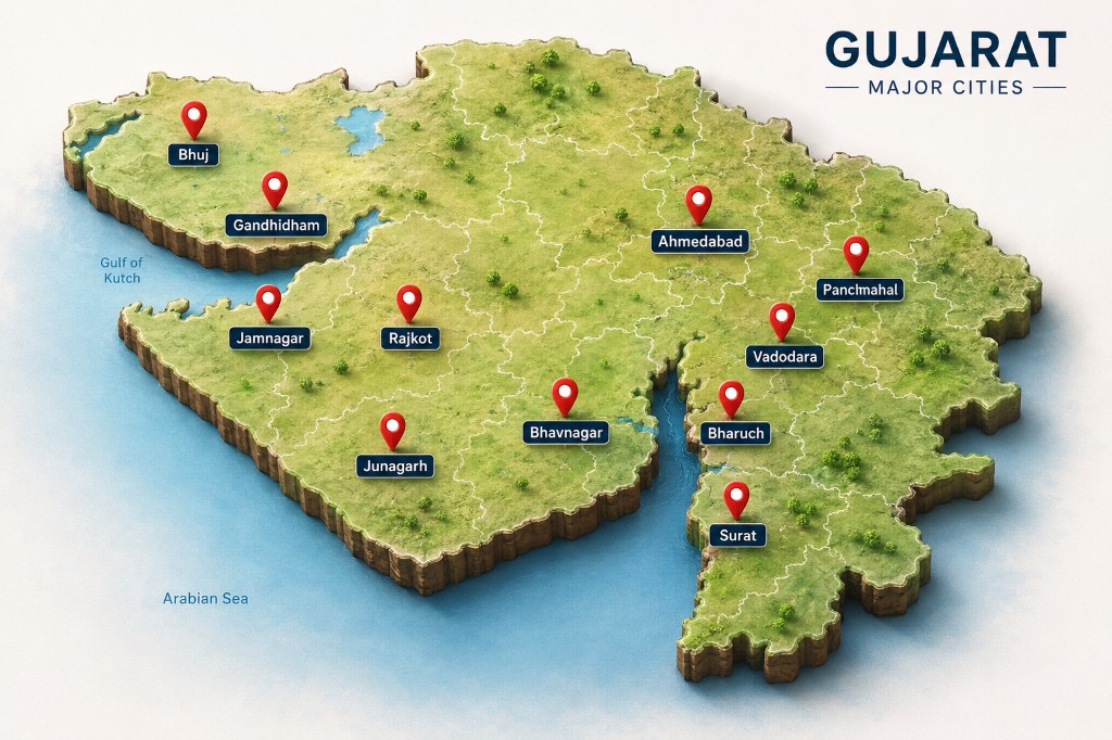 3D Gujarat map with Max Vigil branch cities: Bhuj, Gandhidham, Jamnagar, Rajkot, Junagarh, Bhavnagar, Ahmedabad, Panchmahal, Vadodara, Bharuch and Surat