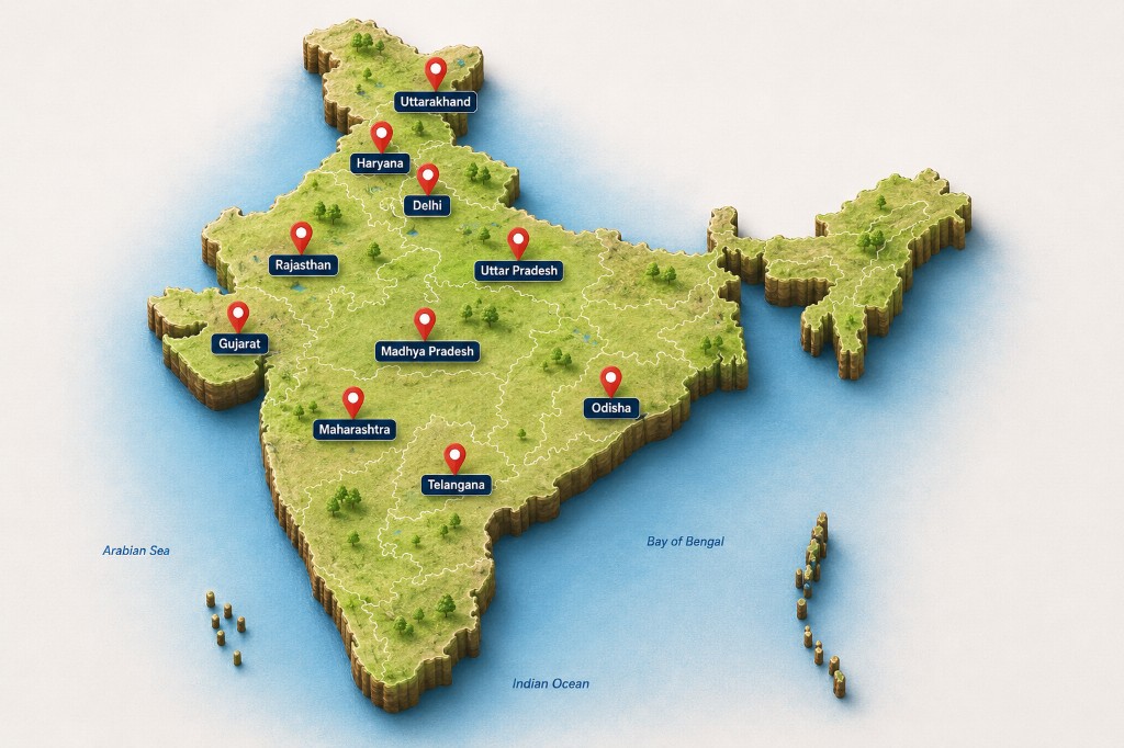 3D India map showing Max Vigil PSARA presence in Gujarat, Rajasthan, Maharashtra, Madhya Pradesh, Haryana, Delhi, Uttar Pradesh, Uttarakhand, Telangana and Odisha